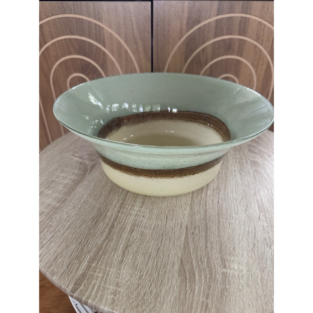 Partylite Tranquility 3 Wick Candle Holder/Large Bowl. Green/Brown/Tan. Large
